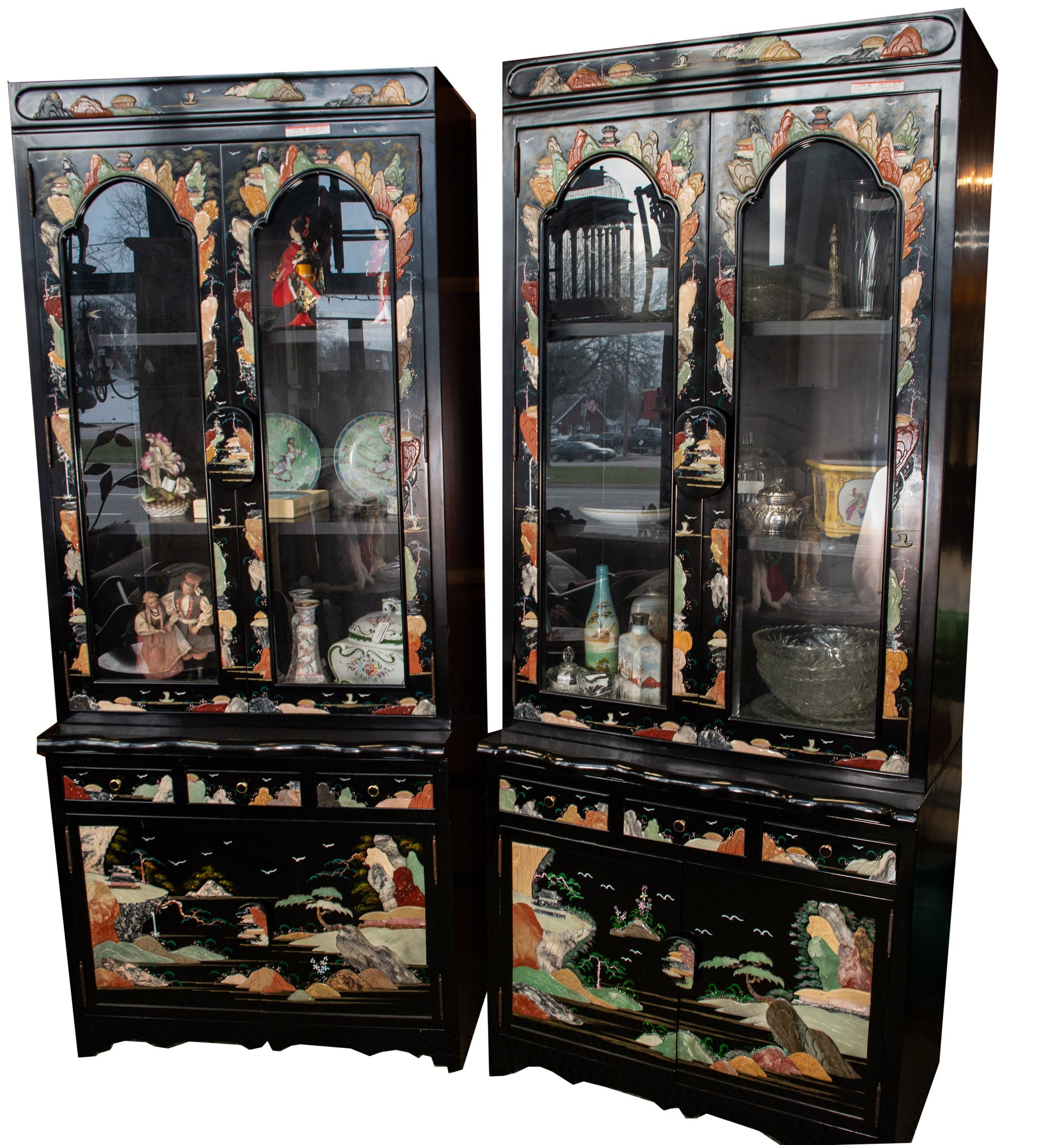 Qing Colored Stone and Jade Black Lacquer Chinese China Cabinet Set