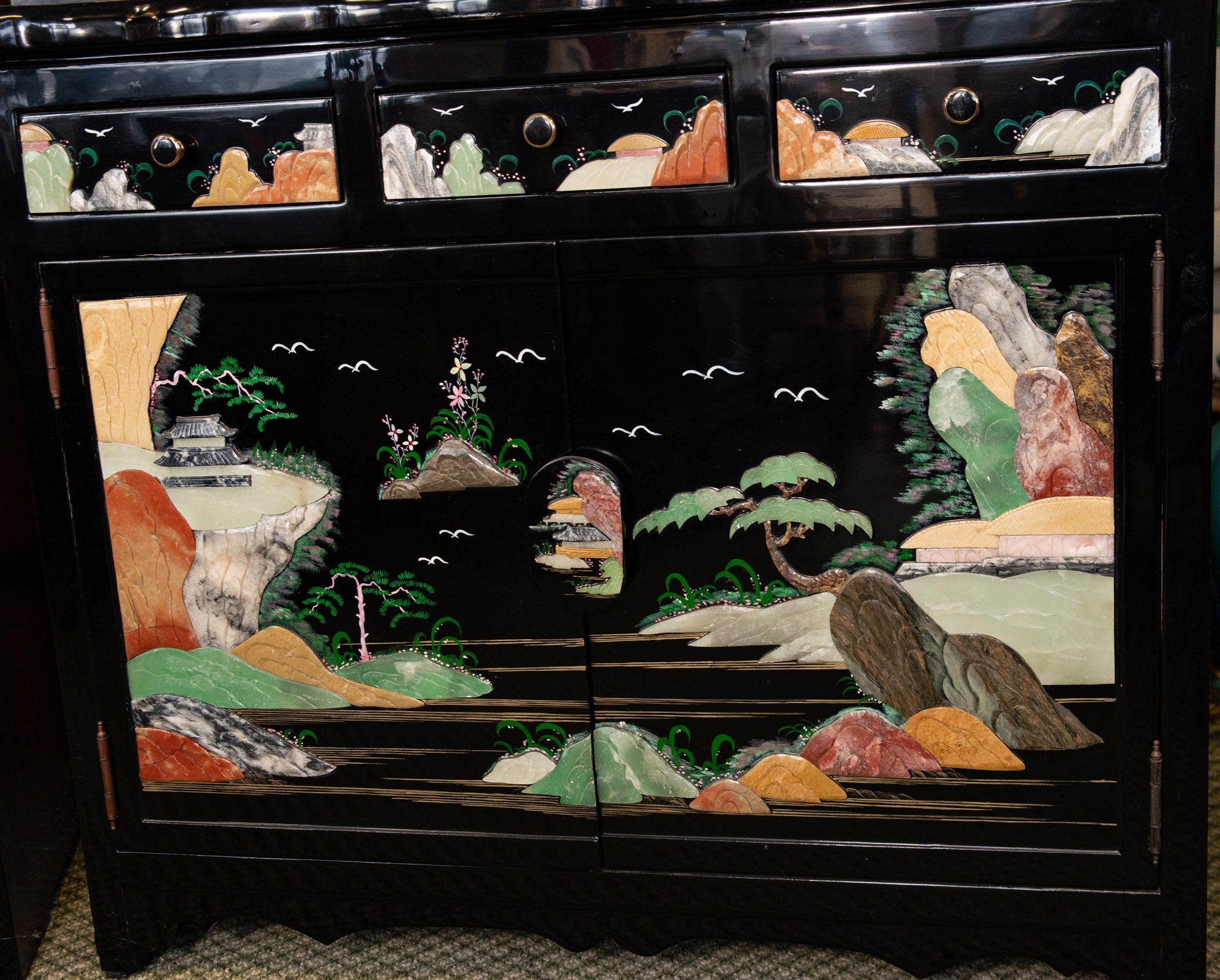 Qing Colored Stone and Jade Black Lacquer Chinese China Cabinet Set