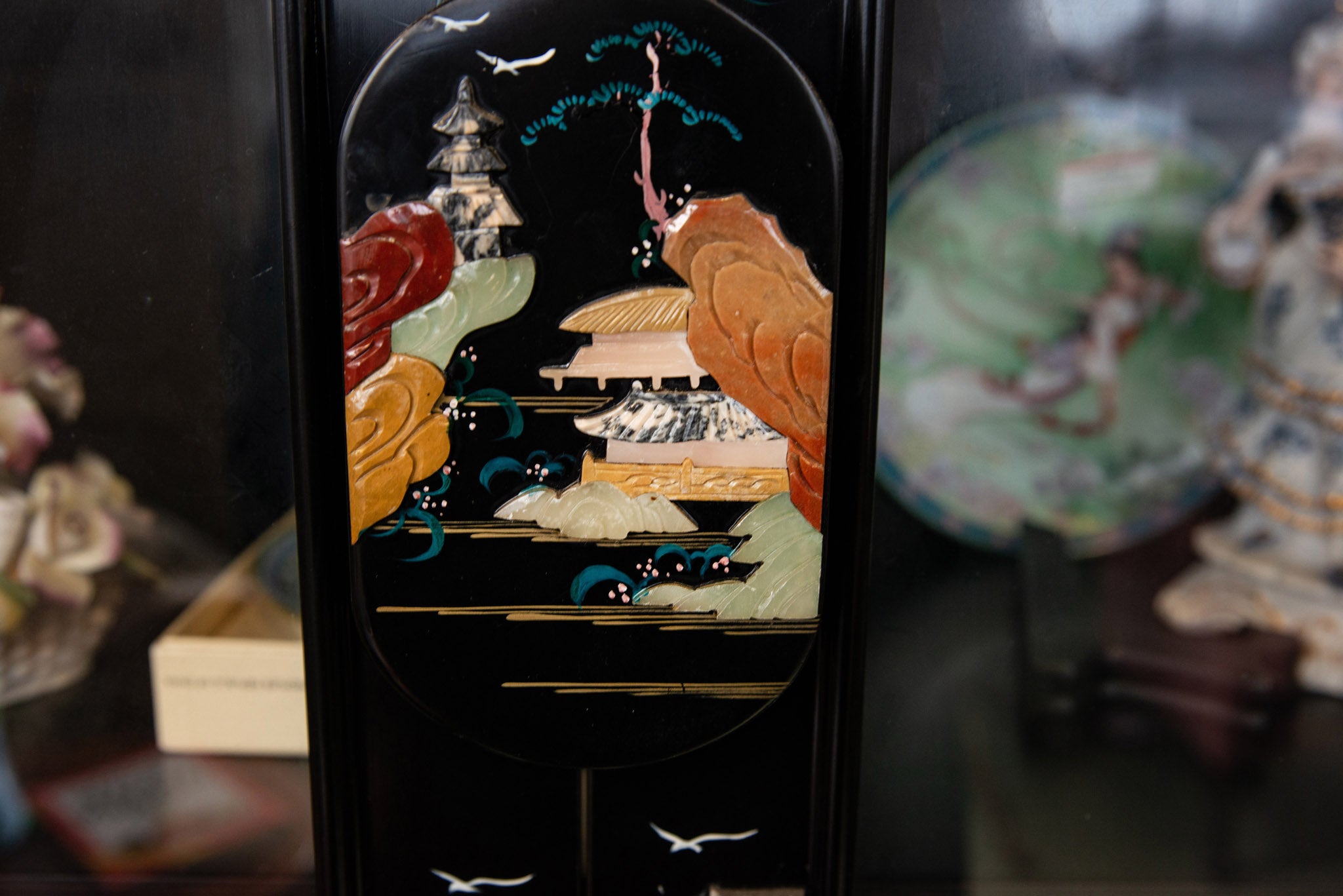 Qing Colored Stone and Jade Black Lacquer Chinese China Cabinet Set