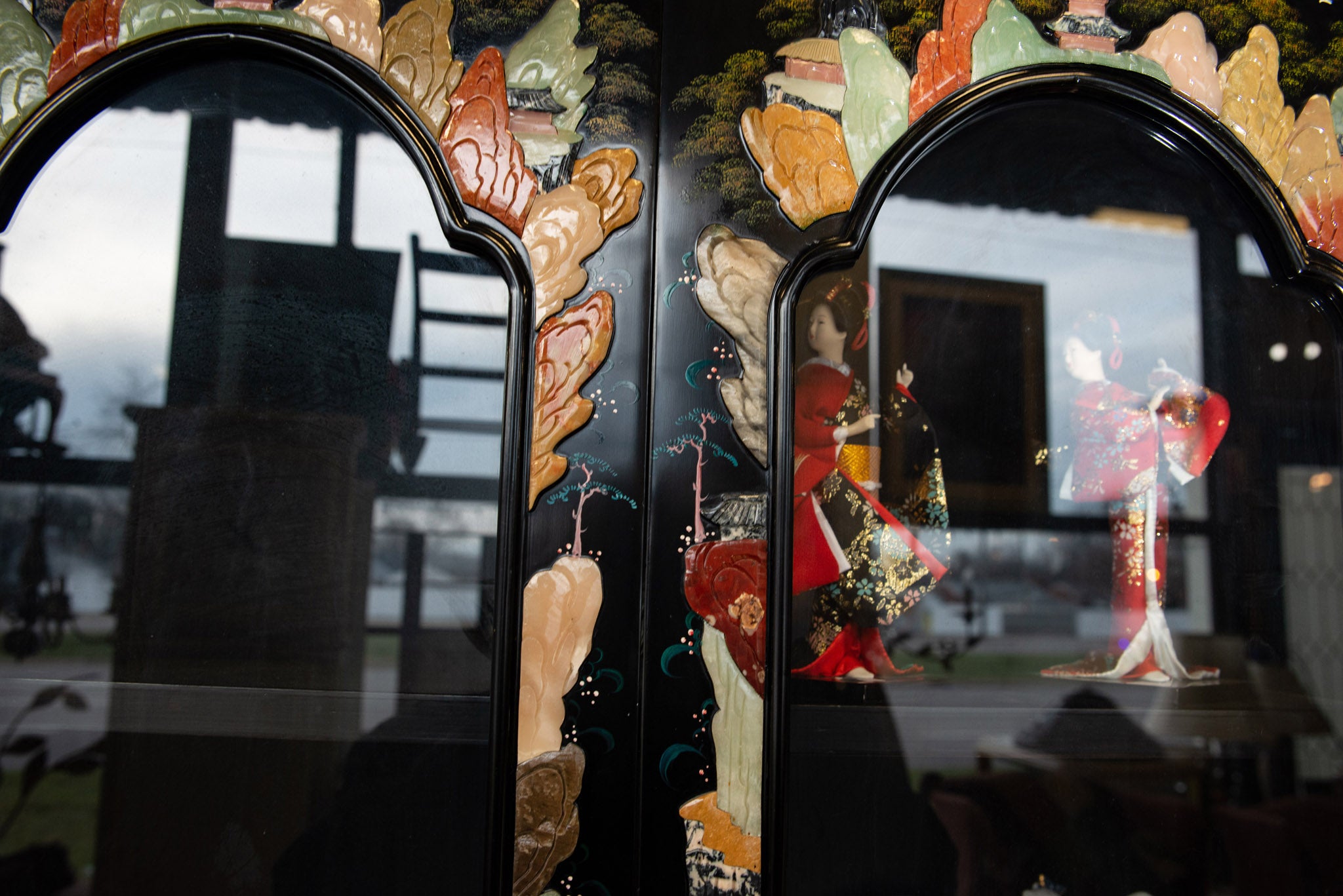 Qing Colored Stone and Jade Black Lacquer Chinese China Cabinet Set